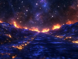 Naklejka premium Abstract cosmic landscape with fiery mountains and starry sky.