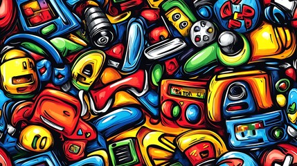 Fototapeta premium A colorful doodle pattern featuring old-school video game controllers, pixelated characters, and arcade screens, with neon pixel grids and vibrant backgrounds, playful and nostalgic, hd quality,
