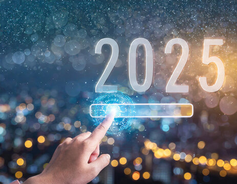  A hand touches the download bar status to change it from year 2024 to year 2025 for Merry