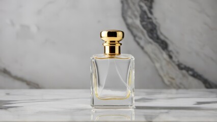 Elegant glass perfume bottle with a golden cap, filled with fragrant liquid, reflecting light on a marble surface, vintage style, luxury and sophistication