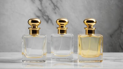 Elegant glass perfume bottle with a golden cap, filled with fragrant liquid, reflecting light on a marble surface, vintage style, luxury and sophistication