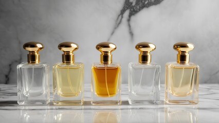Elegant glass perfume bottle with a golden cap, filled with fragrant liquid, reflecting light on a marble surface, vintage style, luxury and sophistication