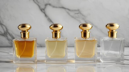 Elegant glass perfume bottle with a golden cap, filled with fragrant liquid, reflecting light on a marble surface, vintage style, luxury and sophistication