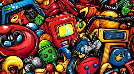 Fototapeta premium A colorful doodle pattern showcasing pixelated characters, retro game consoles, arcade machines, and neon color splashes, with a grid-like background, nostalgic and playful, hd quality,