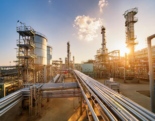 Fototapeta premium Modern petrochemical plant showcasing elaborate piping systems and distillation towers at sunset