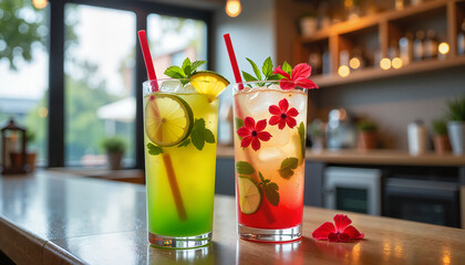 Two vibrant cocktails with lime, mint, and flowers in cozy café
