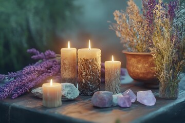Candles and flowers arranged beautifully for relaxation.