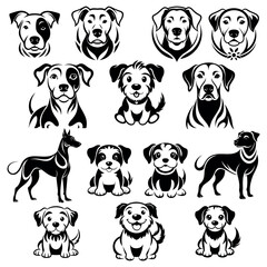Obraz premium logo, icon, symbol, set, collection of various dogs, black outline drawing on a white background