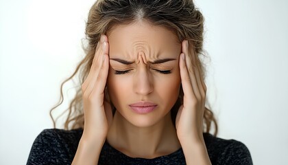 Fototapeta premium Woman with headache, isolated on white background. Female holding her head in pain, showing discomfort or stress. Concept of health issues, tension, migraine, or fatigue