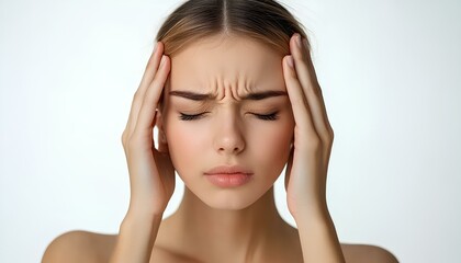 Fototapeta premium Woman with headache, isolated on white background. Female holding her head in pain, showing discomfort or stress. Concept of health issues, tension, migraine, or fatigue