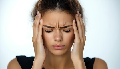 Naklejka premium Woman with headache, isolated on white background. Female holding her head in pain, showing discomfort or stress. Concept of health issues, tension, migraine, or fatigue