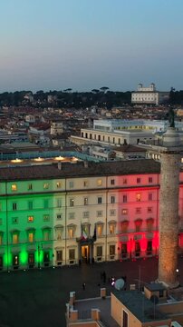 Palazzo Chigi illuminated by the tricolor, seat of the Italian Government. Rome, Italy.
Aerial view of Palazzo Chigi, with the Italian flag projected on the facade.