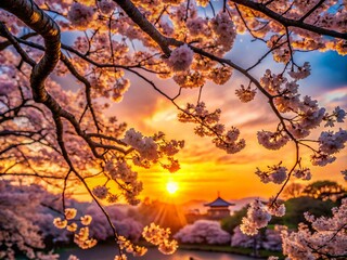 Stunning Silhouette of Japan's Cherry Blossom Trees at Dusk for Captivating Nature Photography