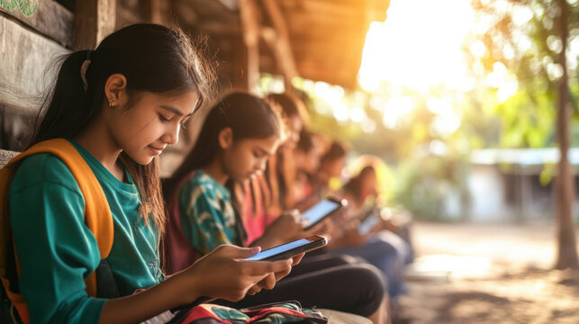 Students learning on mobile phones outdoors in a rural area without electricity, enjoying bright afternoon sunlight. Copy space - Powered by Adobe
