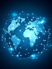 A glowing blue world map with network connections.