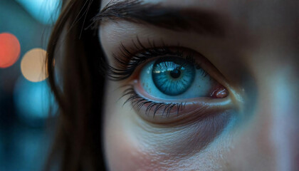 Close-up of a woman's blue eye with long eyelashes against a blurred background