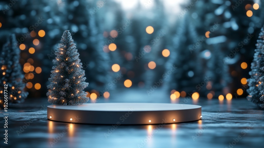 Poster a christmas tree is lit up in a forest setting