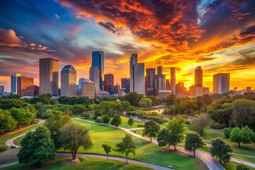 Stunning Sunset Over Houston Texas Skyline with Vibrant Colors and Scenic Landscape