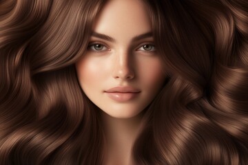 Fototapeta premium A young woman with voluminous brown hair posing against a soft background, showcasing glossy strands and a striking appearance