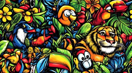 Fototapeta premium A colorful jungle doodle pattern filled with tigers, monkeys, and toucans, with tropical leaves, vines, and exotic flowers intertwined, bright and playful colors, hd quality, stylized art,