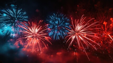 Red and blue fireworks burst against the dark night sky, radiating energy and joy, symbolizing celebration and festivities in a vibrant display.