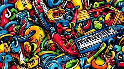 A colorful music-themed doodle pattern featuring electric guitars, keyboards, drums, and saxophones, surrounded by swirling musical notes and headphones, with a vibrant neon background, lively colors,