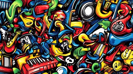 Obraz premium A colorful music-themed doodle pattern featuring electric guitars, keyboards, drums, and saxophones, surrounded by swirling musical notes and headphones, with a vibrant neon background, lively colors,