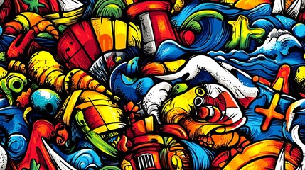 Obraz premium A colorful nautical-themed doodle pattern filled with anchors, sailboats, and lighthouses, surrounded by starfish, seashells, and waves, set against a bright pastel background,