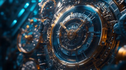 Intricate clock gears, high-tech design, blue and gold tones.