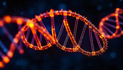 Glowing orange and blue DNA strands or molecules against a dark background