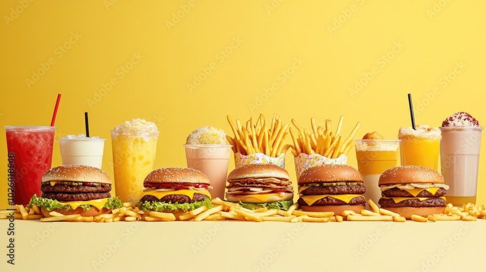 Canvas Prints The ultimate fast food feast featuring a spread of classic American favorites, with colorful burgers, fries, and drinks against a copy space background.