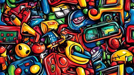 Obraz premium A colorful retro gamer doodle pattern featuring vintage arcade machines, pixelated characters, and old-school game consoles, set against a neon grid background, vibrant and nostalgic colors,
