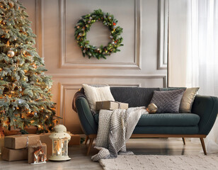 Cozy living room decorated for Christmas with a tree, blankets, and warm lantern light