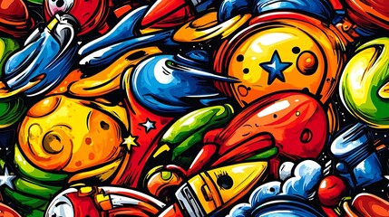 Obraz premium A colorful space exploration doodle pattern featuring astronauts, satellites, rockets, and comets, with planets and star clusters in the background, bright colors and glowing lights, hd quality,