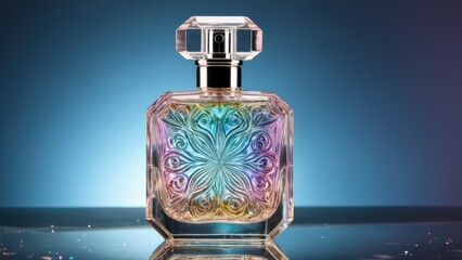 Crystal perfume bottle with a carved pattern, filled with iridescent liquid, standing on a mirrored surface, sparkle and reflections