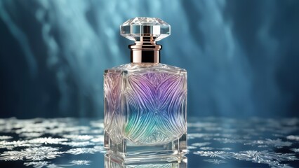 Crystal perfume bottle with a carved pattern, filled with iridescent liquid, standing on a mirrored surface, sparkle and reflections