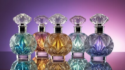 Crystal perfume bottle with a carved pattern, filled with iridescent liquid, standing on a mirrored surface, sparkle and reflections