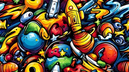 Obraz premium A colorful space-themed doodle pattern showcasing astronauts, rockets, satellites, and planets, surrounded by star clusters and swirling comets, with a deep space background of blues and purples,