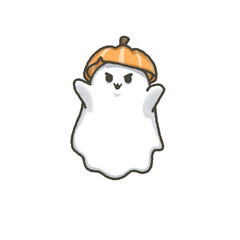 Cute white ghost wearing pumpkin hat 