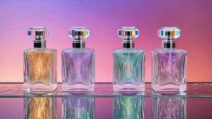 Crystal perfume bottle with a carved pattern, filled with iridescent liquid, standing on a mirrored surface, sparkle and reflections