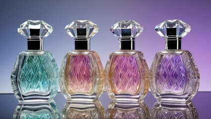 Crystal perfume bottle with a carved pattern, filled with iridescent liquid, standing on a mirrored surface, sparkle and reflections