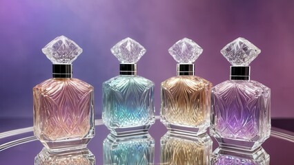 Crystal perfume bottle with a carved pattern, filled with iridescent liquid, standing on a mirrored surface, sparkle and reflections