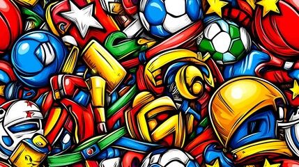 Fototapeta premium A colorful sports-themed doodle pattern filled with football helmets, soccer balls, basketballs, and tennis rackets, surrounded by stars, jerseys, and trophies, set against a bright pastel background,