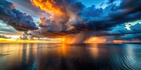 Obraz premium Dark storm clouds loom over the sea at sunset, with rain cascading down, crafting a dramatic backdrop that enhances the beauty and tension of nature.