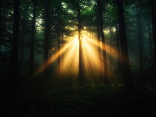 Fototapeta premium Sun rays through misty forest trees