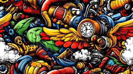 A detailed steampunk doodle pattern filled with vintage clock faces, steam engines, mechanical wings, and gears, surrounded by intricate pipes, valves, and clouds of steam,