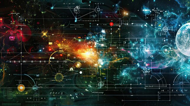 A collage of fractal imagery combined with scientific symbols, illustrating the connection between art and technology. 