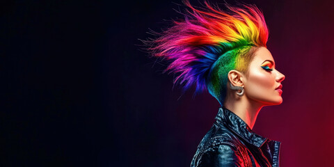 Fototapeta premium A woman with rainbow hair and a black leather jacket