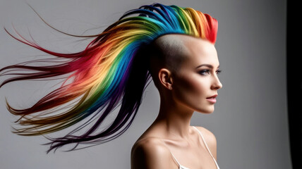 Naklejka premium A woman with rainbow colored hair and a long ponytail