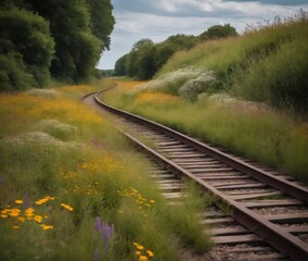 Fototapeta premium A serene scene of an abandoned railway track, surrounded by vibrant wildflowers and lush greenery, stretching into the horizon at sunset. The overgrown tracks evoke a peaceful sense of nature reclaimi